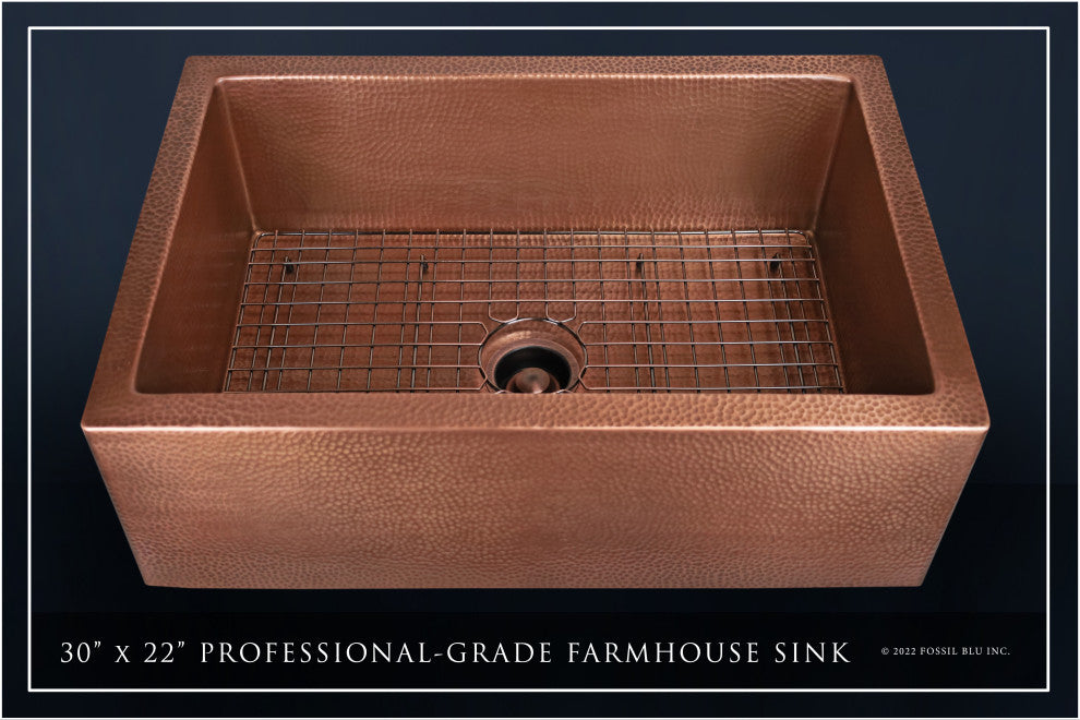 Luxury 30-Inch Heavy 12-GAUGE Med. Patina Copper Farmhouse Sink, Flat Front