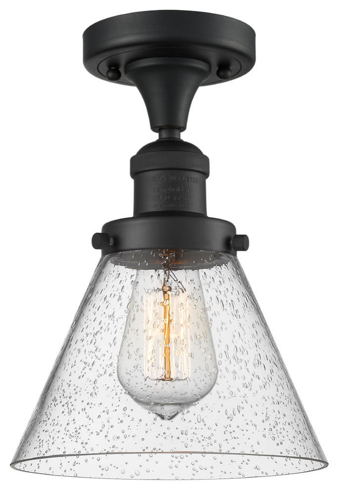 1-Light Large Cone 8" Semi-Flush Mount, Matte Black, Glass: Seedy