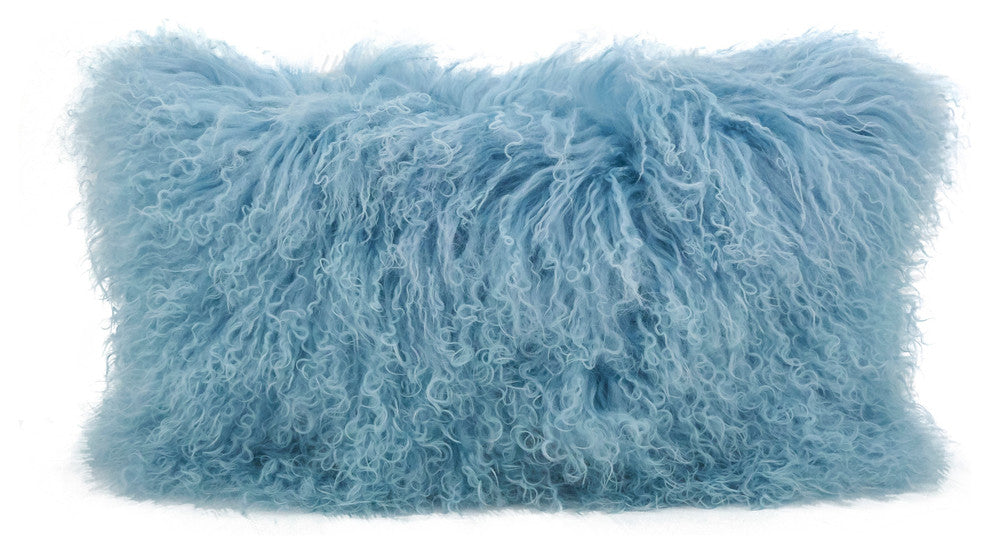 Mongolian Lamb Fur Poly Filled Throw Pillow, Ice Blue, 12"x20"