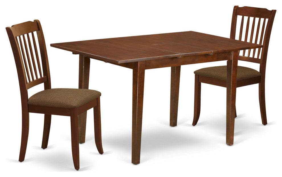 3Pc Dinette Set, Table, Two Vertical Slatted Linen Seat Dining Chairs, Mahogany