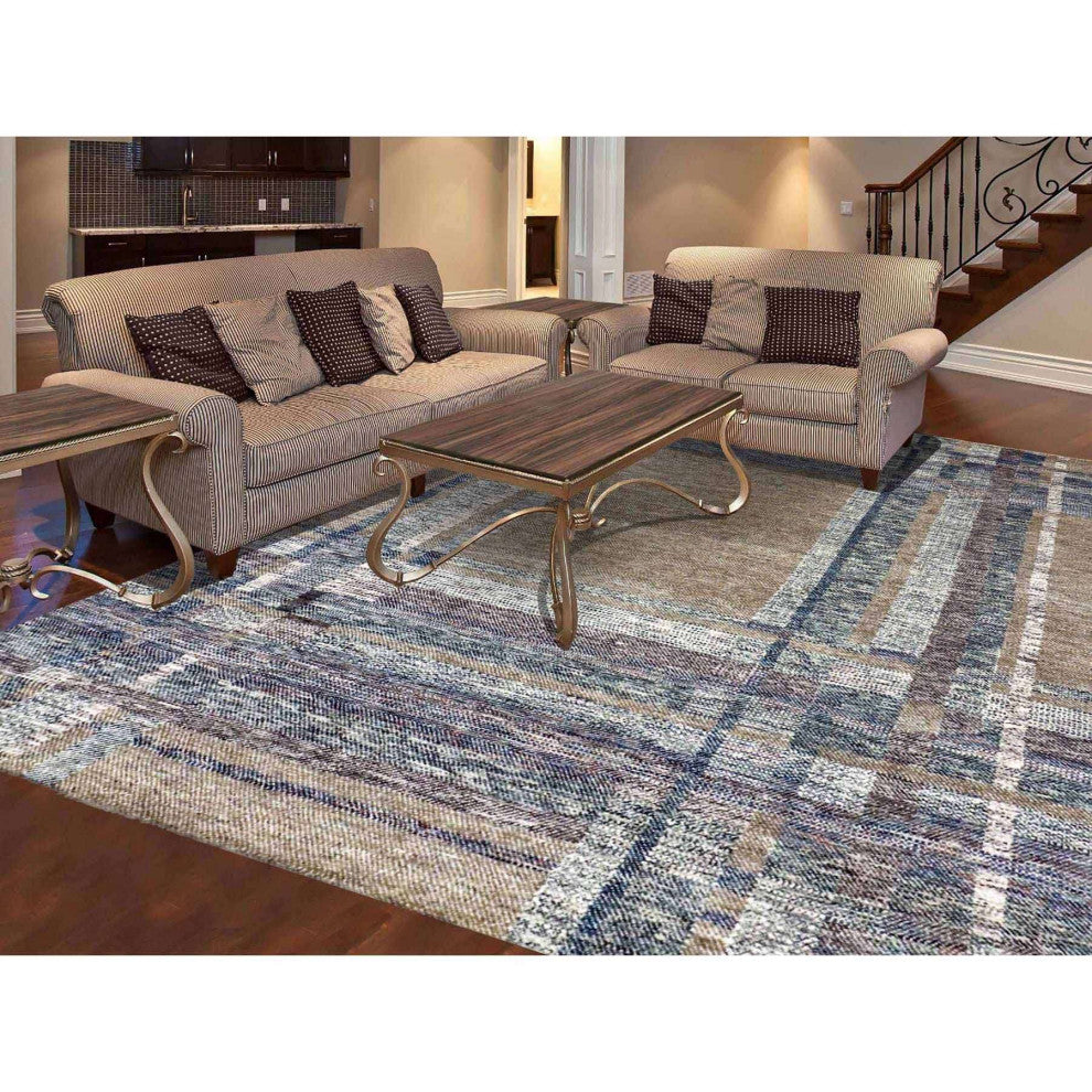 Brown Modern Geometric Opened Up Plaid Design Wool Hand Knotted Rug, 8'2"x10'2"