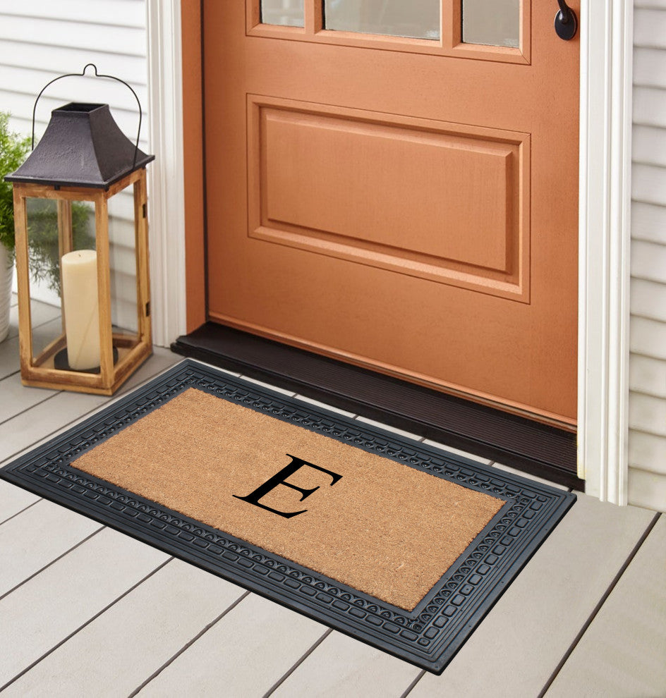 Rubber And Coir, Black/Beige  24"x39" Heavy Duty Outdoor Monogrammed Doormat, E
