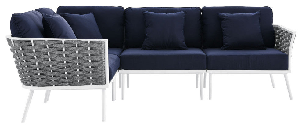Lounge Sectional Sofa Chair Set, Navy White, Aluminum, Modern, Outdoor Patio