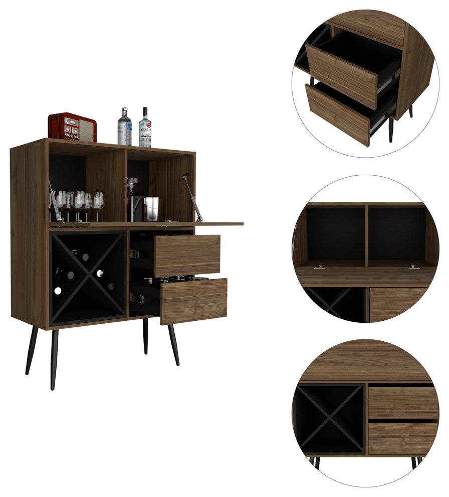 Orchid Bar Cabinet with 2 Drawers and 4 Wine Cubbies, Mahogany/Black