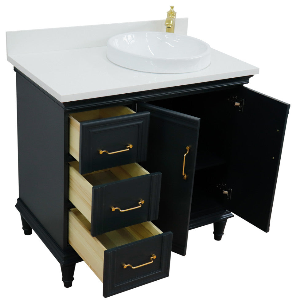 37" Single Vanity, Dark Gray Finish With White Engineered Stone Top