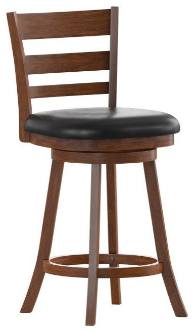 Zerrick Ladderback Swivel Counter Height Barstool with Padded Seat, Black Vinyl/Antique Oak Frame