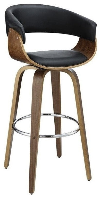 Contemporary Black Upholstered Bar Stool With Walnut
