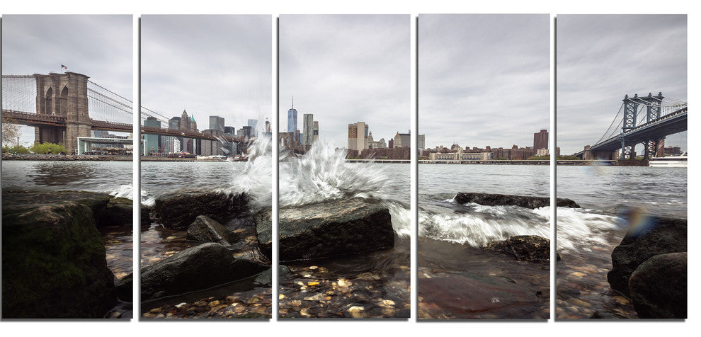 Skyline with Brooklyn Manhattan Bridges, Cityscape Canvas Art, 60"x28", 5 Panels