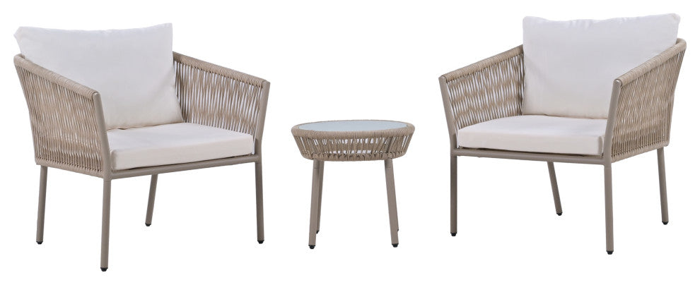 3-Piece Woven Rope Light Luxury Simple Style Outdoor Set with Coffee Table, Beige