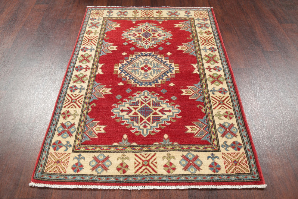 Hand Made Kazak Oriental Traditional Pakistani Area Rug, Red, 4'11"x3'5