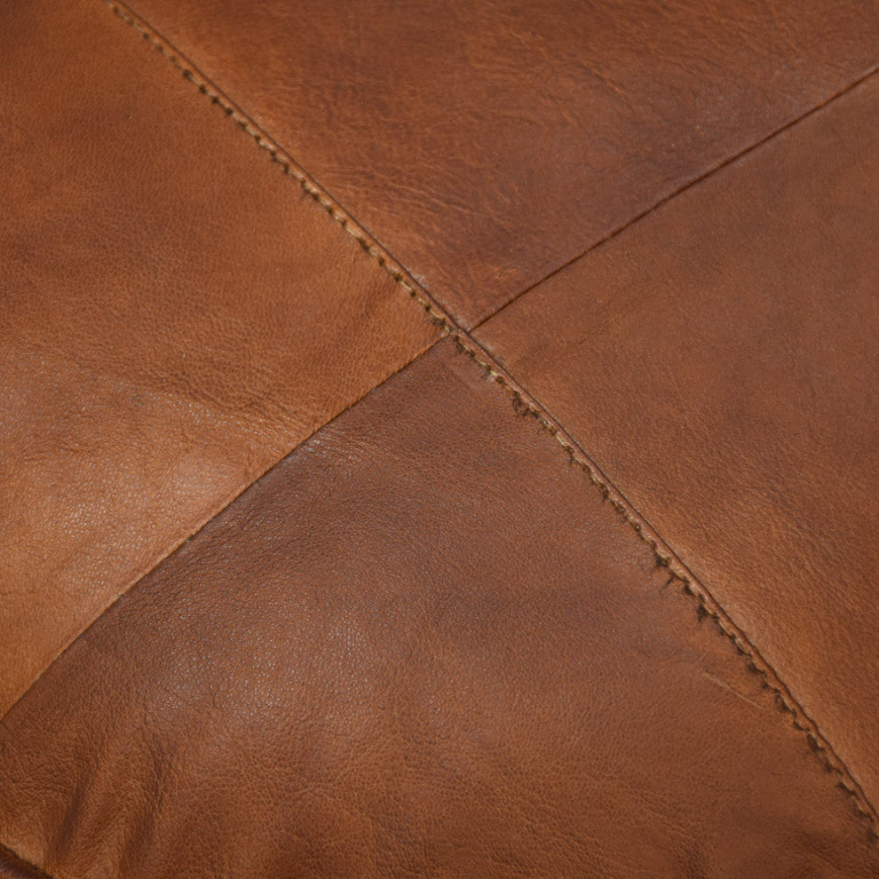 Geometric Handmade Leather Pouf, Recycled Foam With Fiber Fill, Cognac Color, Round, 16x16x16