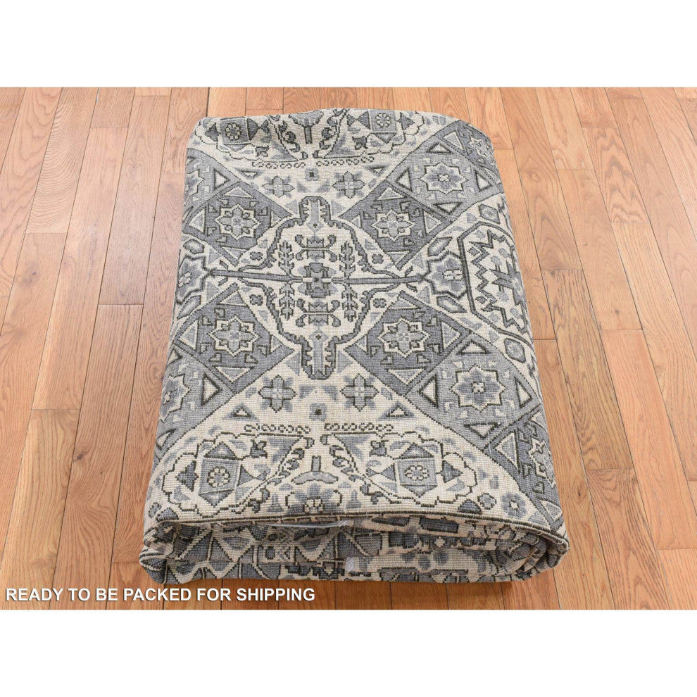 Gray, Ottoman Mamluk Design, Hand Knotted, Undyed Natural Wool Rug, 8'2"x10'5"