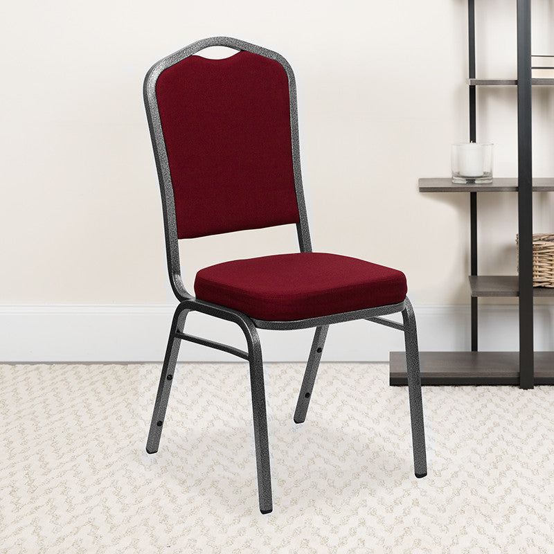 Crown Back Stacking Banquet Chair in Burgundy Fabric-Silver Vein Frame