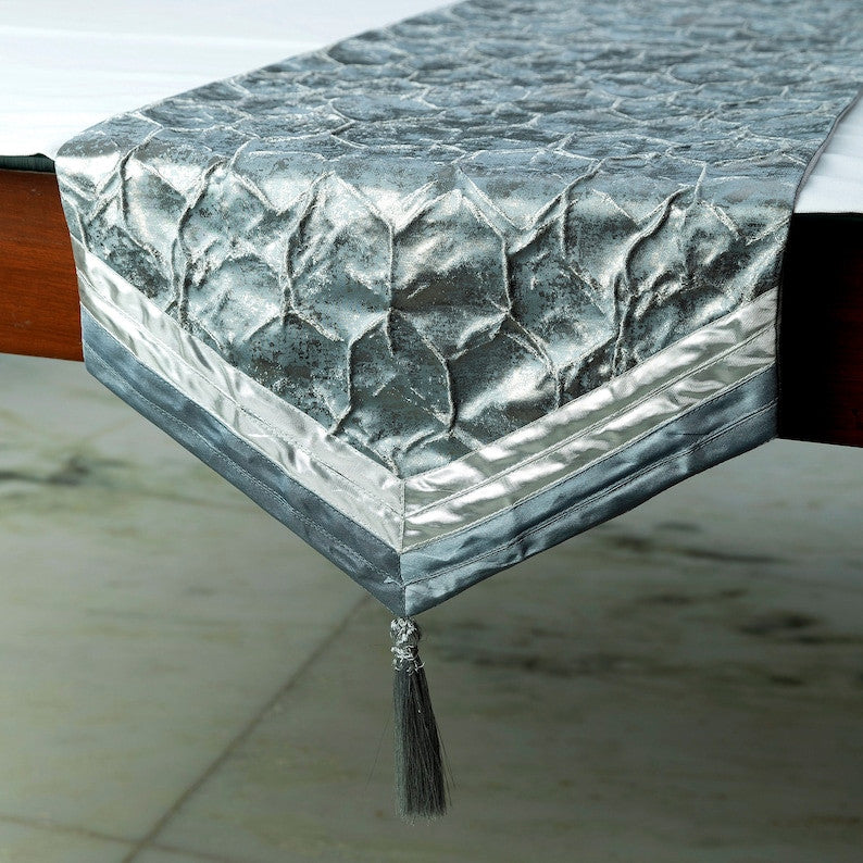 Table Runner Blue Jacquard Silk, Beaded, Foil Tassels - Hexagonal Foil