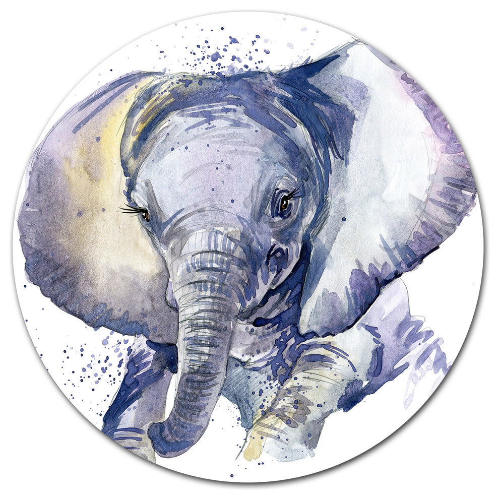 Baby Elephant Blue Watercolor, Animal Round Metal Wall Art, 11"