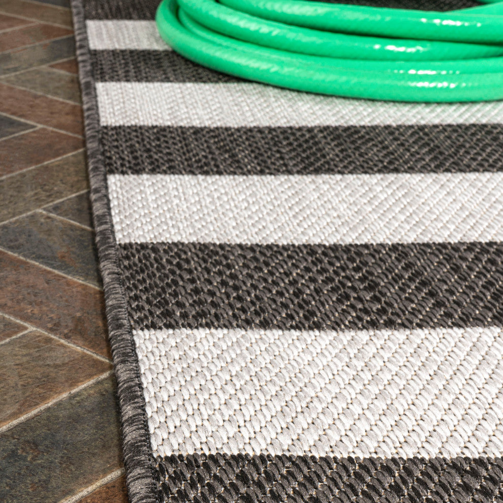 Negril Two-Tone Wide Stripe Indoor/Outdoor Area Rug, Black/Cream, 8x10