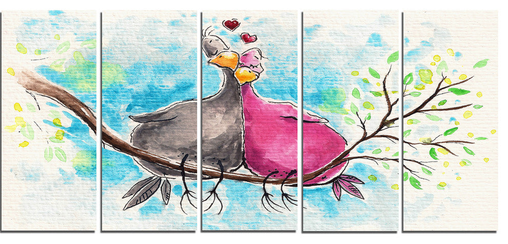 Two Birds in Love on Branch, Abstract Canvas Art Print, 60"x28", 5 Panels