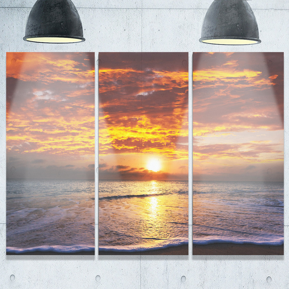 "Yellow Sunset Above Foaming Waves" Beach Metal Wall Art, 3 Panels, 36"x28"