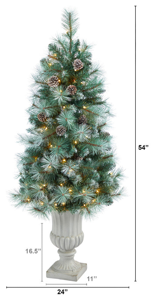 4.5' Frosted British Columbia Mountain Pine Faux Xmas Tree W/Lights, Pinecones
