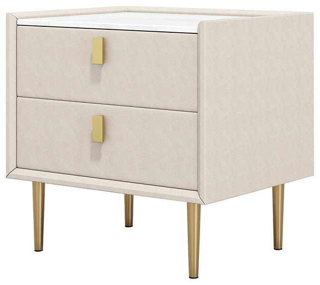 2 Drawers Nightstand PU Leather Bedside Table Nightstand with Gold Metal Legs