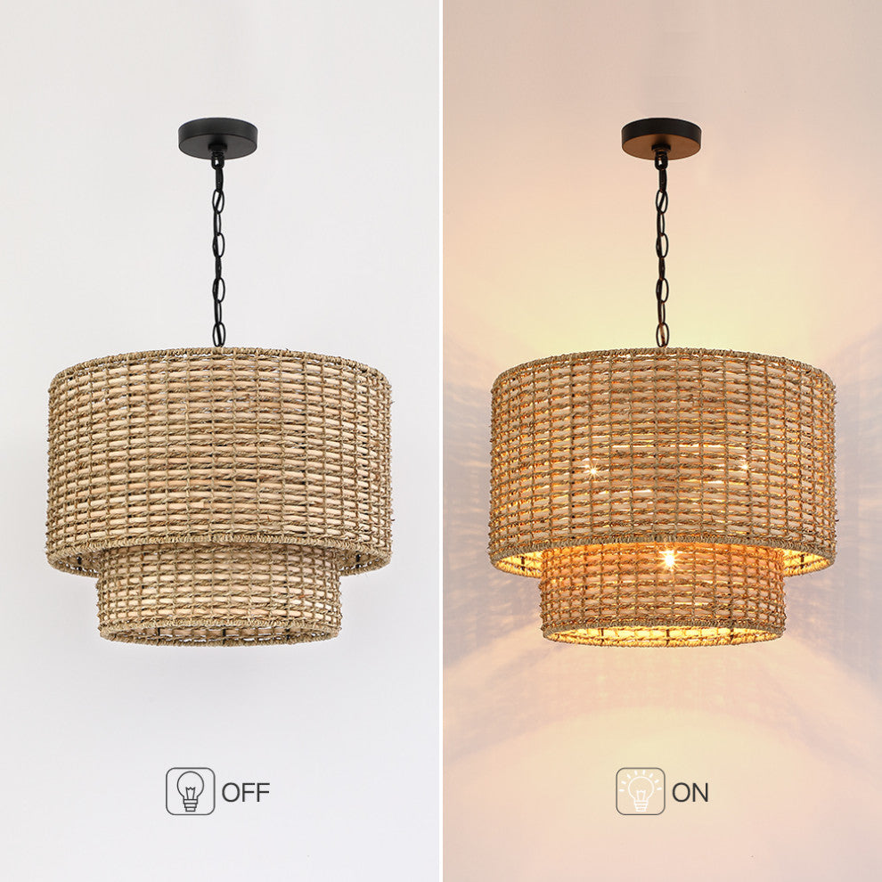 20" W 4-Light Rattan Tiered Drum Chandelier Light With Black Canopy