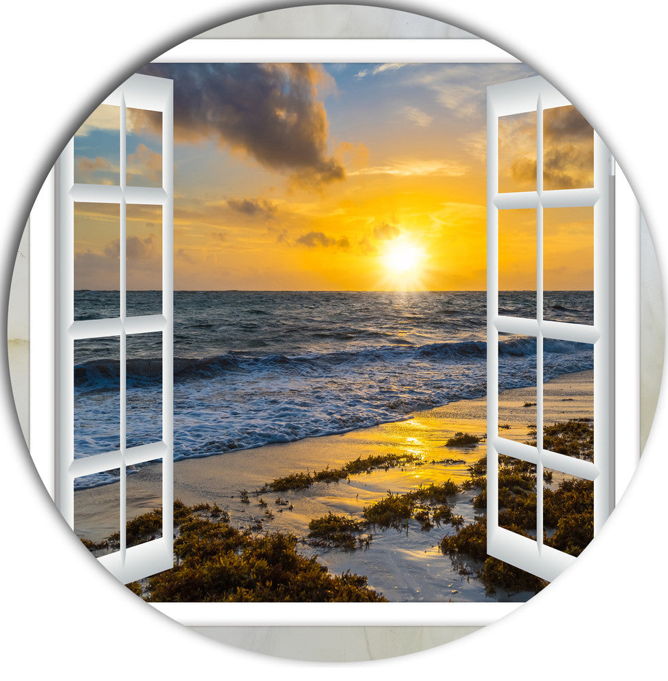 Open Window To Bright Yellow Sunset, Seascape Round Wall Art, 23"
