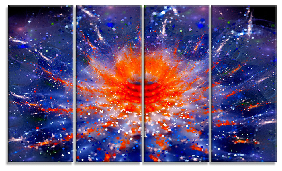Colorful Glowing Flower in Space, Flower Artwork on Canvas, 48"x28", 4 Panels