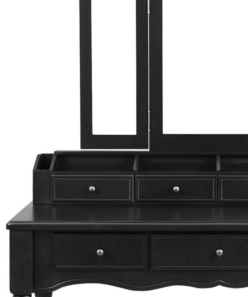 3 Piece Wooden Vanity Set with Trifold Mirror and Padded Stool, Black