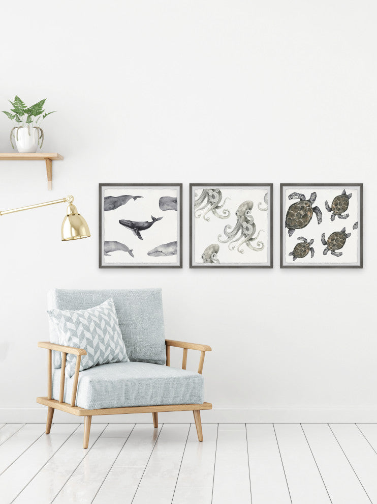 Whales and Octopus Triptych, 3-Piece Set, 24x24 Panels