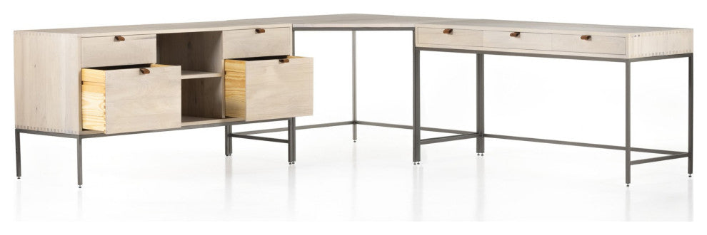 Trey Desk System With Filing Credenza Dove Poplar, Natural Iron, Toffee Leather