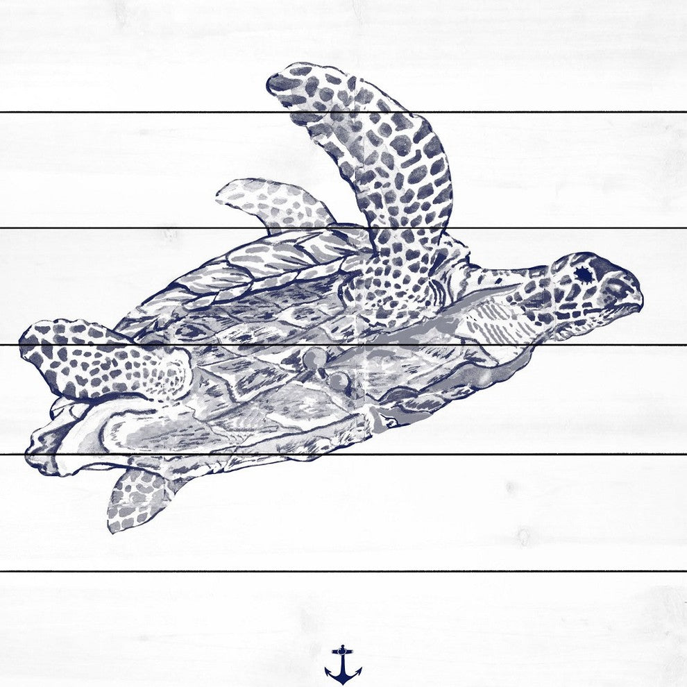 "Blue Turtle" Painting Print on White Wood