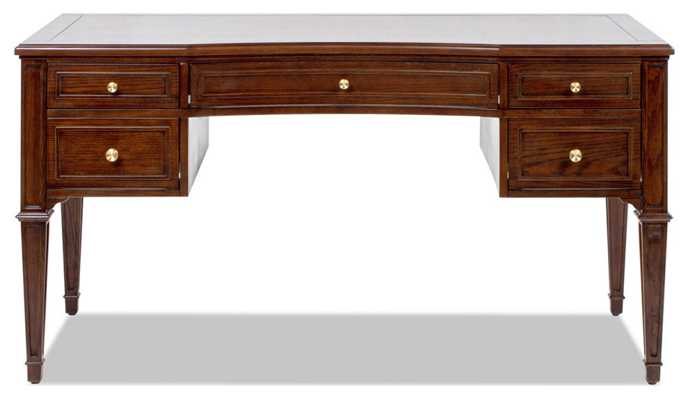 Dauphin 59" Ash Wood Gold Accent 5-Drawer Executive Desk, Walnut Brown Wood