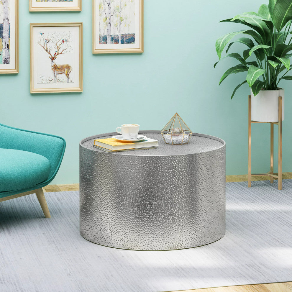 Unique Round Coffee Table, Hammered Metal Body With Cylindrical Shape, Silver