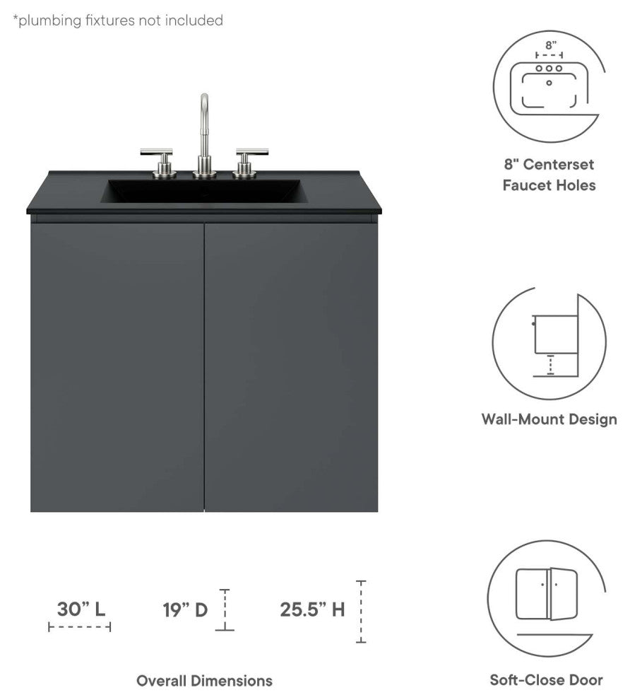 Bryn 30" Wall-Mount Bathroom Vanity, Gray Black