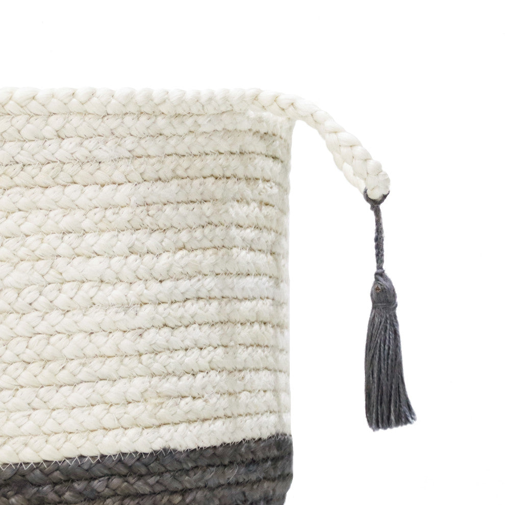 Two-Tone Off-White Jute Decorative Basket With Handles, Frost Gray, 17"
