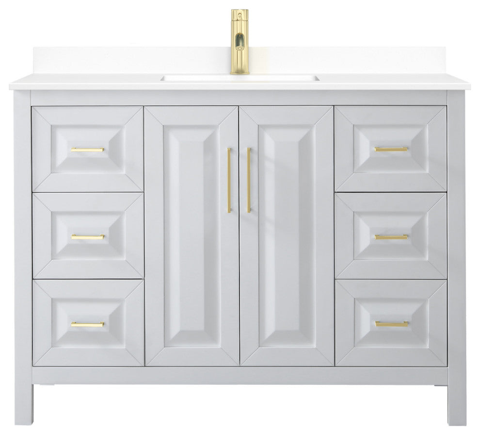 48" Single Bath Vanity, White, White Cult. Marble Countertop, Sink, Gold Trim