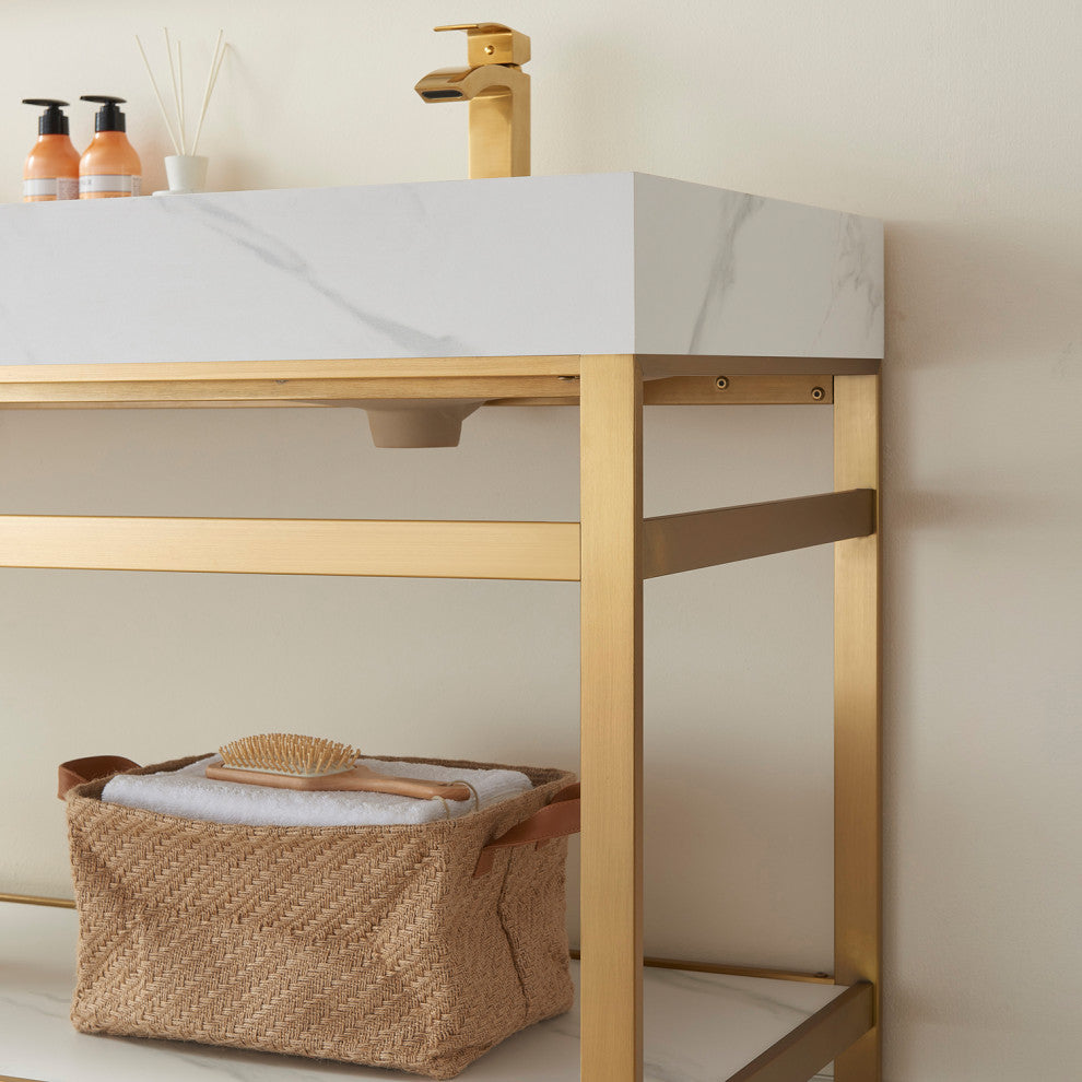 Funes Bath Vanity without Mirror, Brushed Gold Hardware, 60" Double Sink, White Stone Top