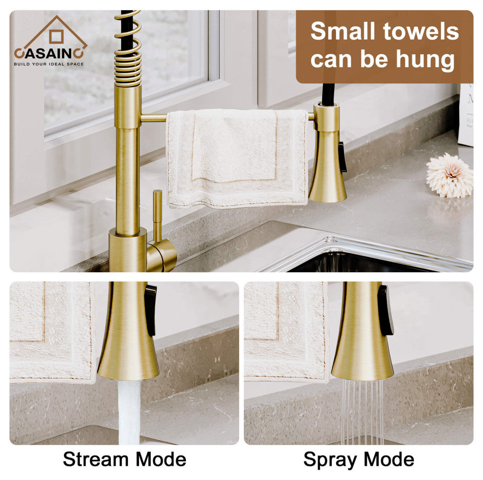 Spring Standard Kitchen Faucet with Dual-Function Spray Head and Deck Plate, Brushed Gold