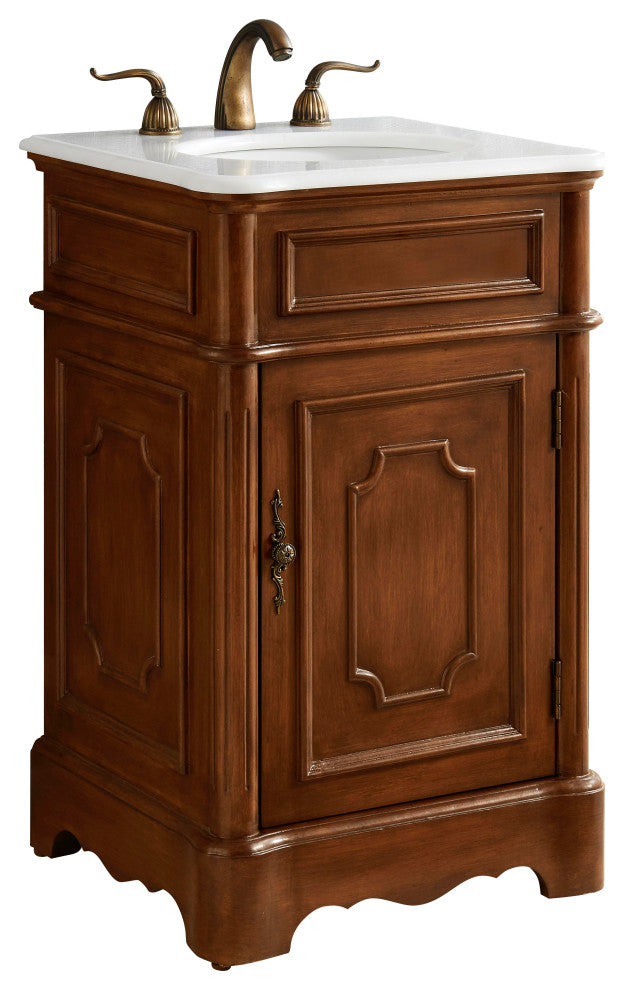 21" Single Bathroom Vanity, Teak, White and Brown Vein Marble Top