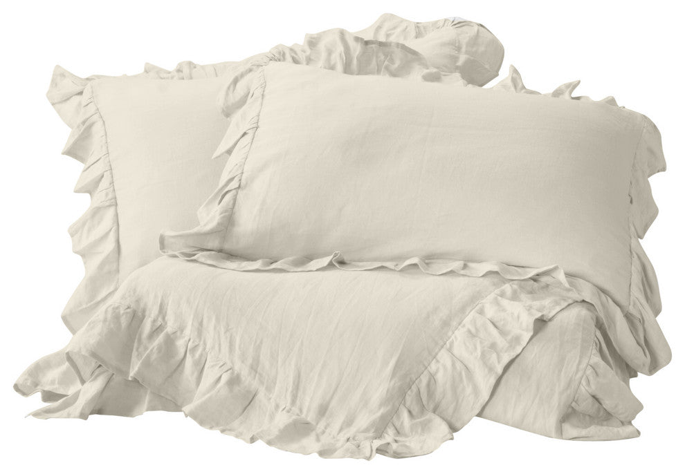 Organic Cotton 300 TC GOTS Certified 8 Internal Ties Ruffled Duvet Set, Ivory, King(108"x92")