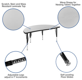 76" Oval Wave Activity Table Set with 14" Student Stack Chairs, Grey