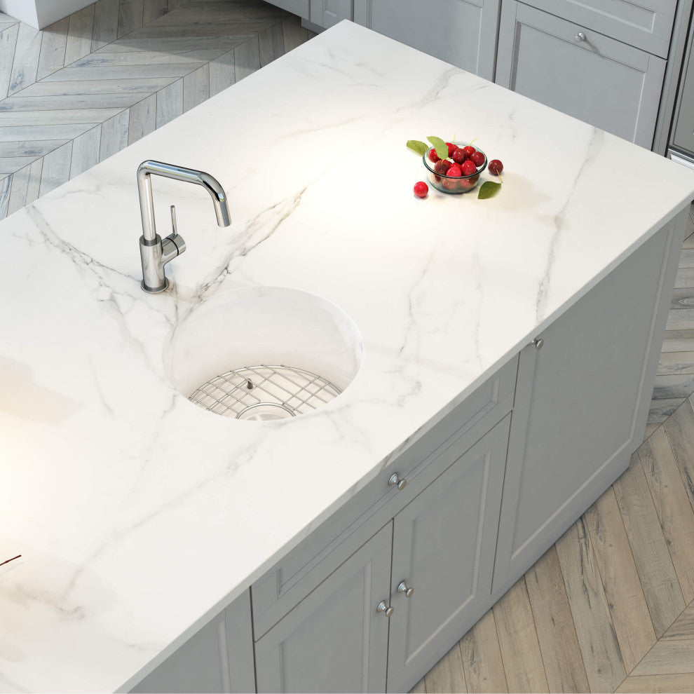 White Fireclay Farmhouse Undermount Kitchen Sink, Bottom Grid and Strain, 19"