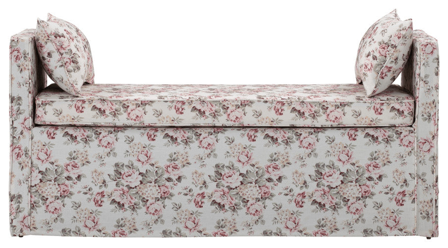 53" Red And Black Upholstered Linen Floral Bench