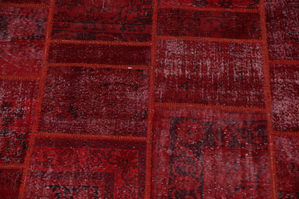 Vintage Red Patchwork Turkish Area Rug Hand-tufted Wool Carpet 10x14