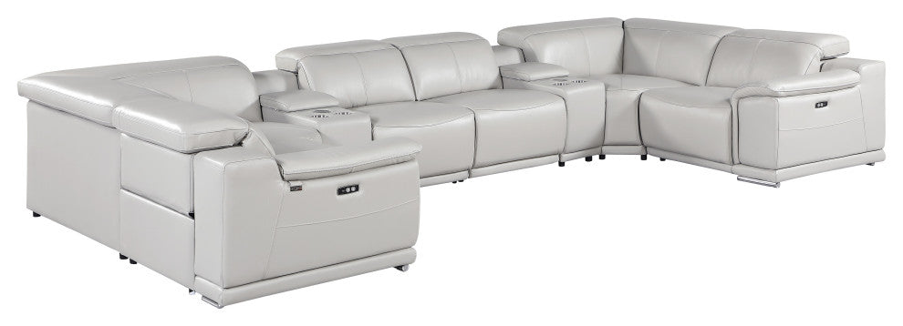 Federico 8-Piece Italian Leather U Sectional, 2 Power Recliners, Light Gray