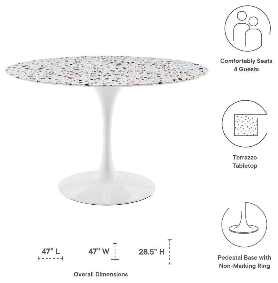 47" Dining Table, Round, White, Wood, Metal, Modern, Bistro Hospitality
