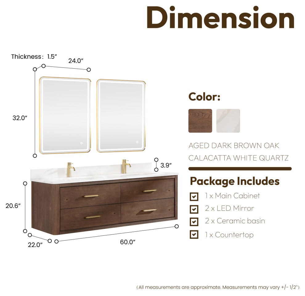 Cristo Floating Bath Vanity With Stone Top, Aged Dark Brown Oak, 60in., With Mirror