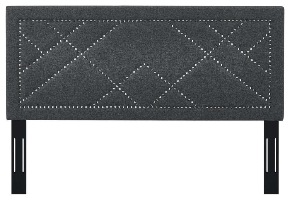 Modern Designer Full and Queen Size Headboard, Rivet Nail, Fabric, Grey Gray