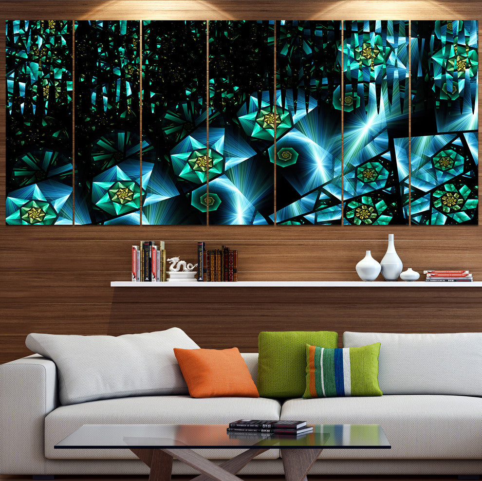 Bright Blue Fractal Flowery Sky, Abstract Wall Art Canvas, 83"x32", 7 Panels