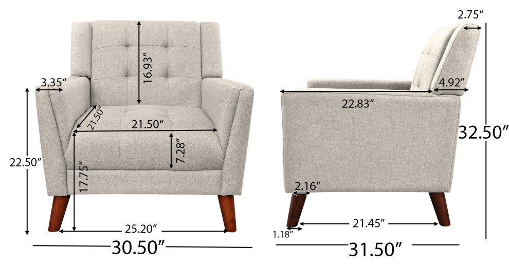 GDF Studio Evelyn Mid Century Modern Fabric Arm Chair, Beige/Walnut